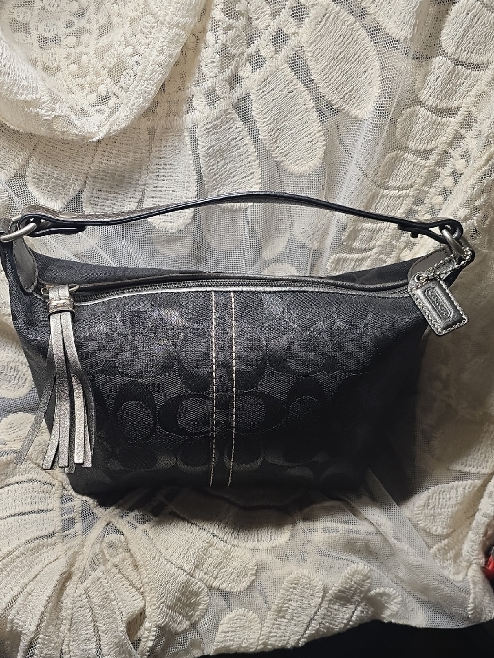 Coach Black Signature Jacquard Shoulder Bag with Python Leather Trim